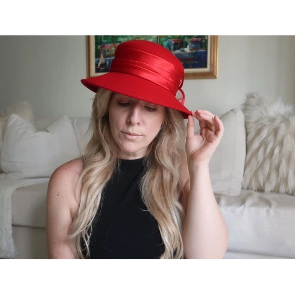 Fancy Women's Hat 100% Wool Red 3D Intricate Rose Bow Event Party Derby